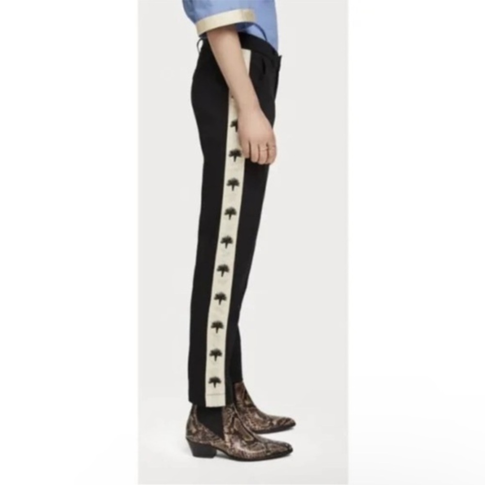 Scotch & Soda Women’s Black & Ivory Palm Tree Side Stripe Raffia Town Pants